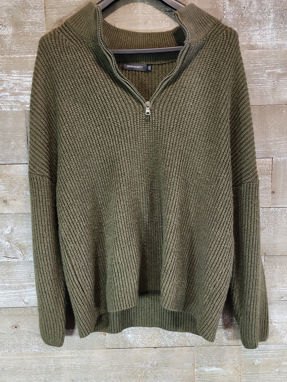 Olive Half-Zip Ribbed Sweater Brand Merokeety
